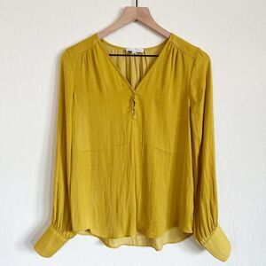 Maison d’ Emelie Long Sleeve Blouse Top size XS Mustard Yellow Satin Shirt